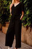 Fashion Casual Solid Patchwork V Neck Loose Jumpsuits