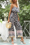 Elegant Floral Flounce Strapless Straight Jumpsuits