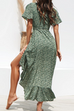 Elegant Print Frenulum Flounce V Neck Irregular Dress Dresses