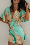 Elegant Tie Dye Patchwork Backless V Neck Rompers