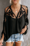 Elegant Solid Lace Frenulum See-through V Neck Tops(3 Colors)