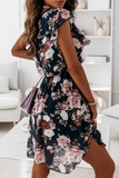 Elegant Floral Flounce O Neck A Line Dresses