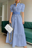 Elegant Striped Solid Buckle With Belt Shirt Collar A Line Dresses