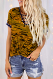 Casual Street Camouflage Print Hollowed Out Patchwork V Neck T-Shirts