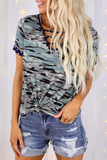 Casual Street Camouflage Print Hollowed Out Patchwork V Neck T-Shirts