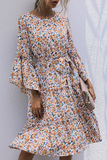 Elegant Floral Patchwork With Belt O Neck A Line Dresses