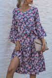 Elegant Floral Patchwork With Belt O Neck A Line Dresses