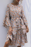 Elegant Floral Patchwork With Belt O Neck A Line Dresses