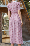 Elegant Floral Buckle With Belt Turndown Collar A Line Dresses