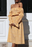 Fashion Street Plaid Patchwork Off the Shoulder Waist Skirt Dresses