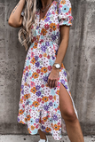 Casual Elegant Floral Buckle Slit V Neck Dresses(6 Colors)