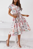 Elegant Print Buckle With Belt V Neck A Line Dresses(5 Colors)