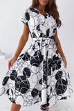 Elegant Print Buckle With Belt V Neck A Line Dresses(5 Colors)