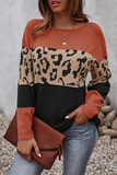 Casual Leopard Patchwork Contrast O Neck Sweaters(4 Colors)