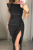 Elegant Solid Slit Sequined Off the Shoulder Wrapped Skirt Dresses(3 Colors）