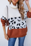 Casual Leopard Patchwork Contrast Turtleneck Sweaters(3 Colors)