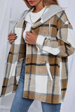 Casual Plaid Draw String Buckle Hooded Collar Outerwear