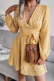 Casual Floral Patchwork Frenulum V Neck A Line Dresses(3 Colors)）