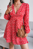 Casual Floral Patchwork Frenulum V Neck A Line Dresses(3 Colors)）