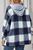 Casual Plaid Draw String Buckle Hooded Collar Outerwear