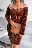 Fashion Elegant Solid Patchwork Fold Square Collar Pencil Skirt Dresses