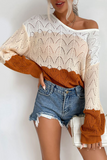 Casual Patchwork Hollowed Out Contrast V Neck Sweater