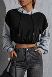 Casual Street Solid Draw String Contrast Hooded Collar Tops