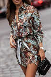 Fashion Elegant Print Buckle Strap Design Turndown Collar Waist Skirt Dresses