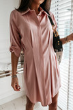 Fashion Casual Solid Buckle Fold Turndown Collar Shirt Dress Dresses(3 Colors)