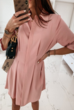 Fashion Casual Solid Buckle Fold Turndown Collar Shirt Dress Dresses(3 Colors)