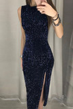 Fashion Elegant Solid Sequins Slit O Neck Pencil Skirt Dresses(4 Colors)