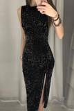 Fashion Elegant Solid Sequins Slit O Neck Pencil Skirt Dresses(4 Colors)