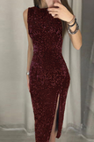 Fashion Elegant Solid Sequins Slit O Neck Pencil Skirt Dresses(4 Colors)