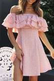 Fashion Sweet Plaid Patchwork Flounce Off the Shoulder A Line Dresses