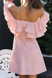 Fashion Sweet Plaid Patchwork Flounce Off the Shoulder A Line Dresses