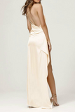 Fashion Elegant Solid Patchwork Slit Oblique Collar Evening Dress Dresses