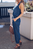 Casual Street Solid Frenulum Buckle U Neck Jumpsuits