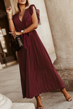 Elegant Solid Flounce Strap Design V Neck Pleated Dresses(5 Colors)