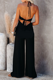 Sexy Solid Patchwork Halter Loose Jumpsuits