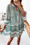 Casual Print Patchwork V Neck Cake Skirt Dresses(4 Colors)