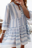 Casual Print Patchwork V Neck Cake Skirt Dresses(4 Colors)