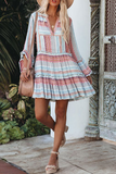 Casual Print Patchwork V Neck Cake Skirt Dresses