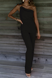 Casual Solid Patchwork One Shoulder Regular Jumpsuits(5 Colors)