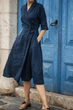 Casual Solid Patchwork Turndown Collar Waist Skirt Dresses