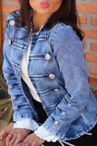 Casual Solid Beading Cardigan Collar Long Sleeve Straight Denim Jacket