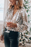 Elegant Patchwork Fold Sequins V Neck Blouses