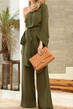 Fashion Solid Zipper One Shoulder Straight Jumpsuits