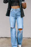 Street Solid Ripped High Waist Regular Denim Jeans