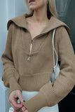 Elegant Solid Zipper Turndown Collar Tops