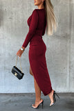 Elegant Solid Fold Solid Color V Neck Wrapped Skirt Dresses